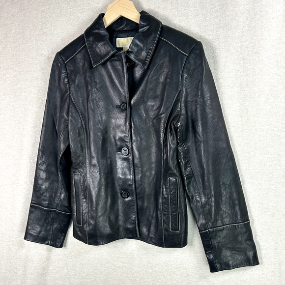 Michael Kors Womens Black Leather Jacket Size M Supple Motorcycle Biker Coat - Picture 2 of 11